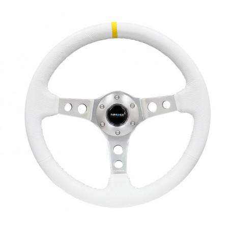 steering wheels 3 spoke steering wheel NRG, 350mm, leather, 75mm offset, white/silver/yellow | races-shop.com