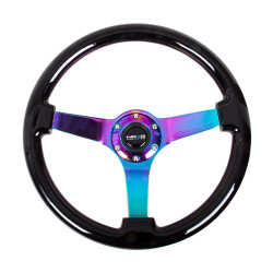 3 spoke steering wheel NRG, 350mm, wood, 75mm offset, black/neon/brown