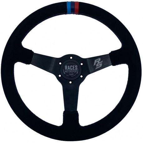 Promotions 3 spoke steering wheel RACES MOTORSPORT, 350mm, suede, 65mm offset, black/blue | races-shop.com