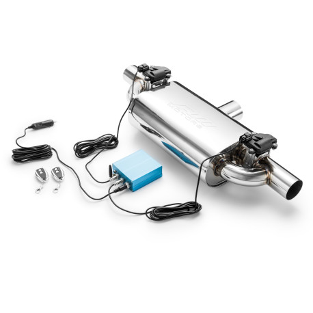 1x input / 2x output RM Motors transverse through-flow silencer 76mm with electric valve | races-shop.com