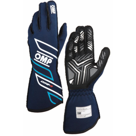 Gloves Race gloves OMP ONE-S my2025 with FIA homologation (external stitching), navy blue/cyan | races-shop.com