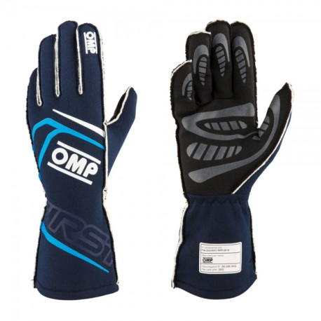 Gloves Race gloves OMP FIRST my2025 with FIA homologation (external stitching), navy blue/cyan | races-shop.com