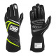 Race gloves OMP FIRST my2025 with FIA homologation (external stitching), black/fluo yellow