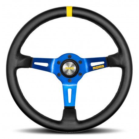 steering wheels 3 spoke steering wheel MOMO MOD.08, 330mm, leather, 88mm offset, black/blue/yellow | races-shop.com