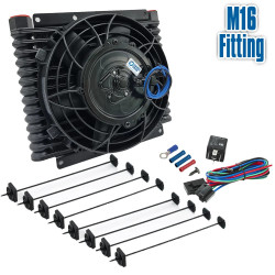 Universal Engine/Trans Oil Cooler (32mm) 14-Row M16 & 8" Fan Combo (12V)