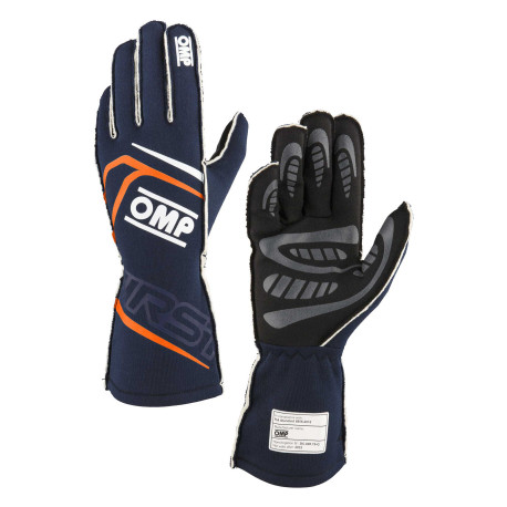 Gloves FIA race gloves OMP FIRST (external stitching), navy blue/orange | races-shop.com
