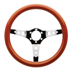 3 spoke steering wheel OMP Mugello, 350mm, wood, flat, brown/chrome/orange