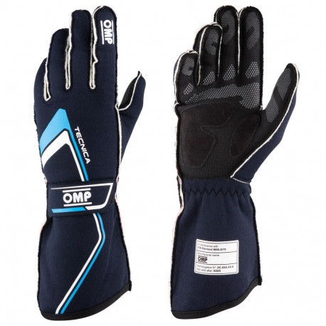 Gloves Race gloves OMP Tecnica with FIA homologation (external stitching) blue / cyan | races-shop.com