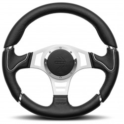 3 spoke steering wheel MOMO MILLENIUM, 350mm, leather, slotted spokes, 40mm offset, black/silver