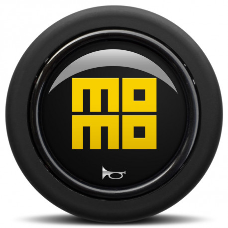 Universal quick release steering wheel hubs MOMO Horn Button - glossy black yellow heritage logo 2CCR - round liplip | races-shop.com