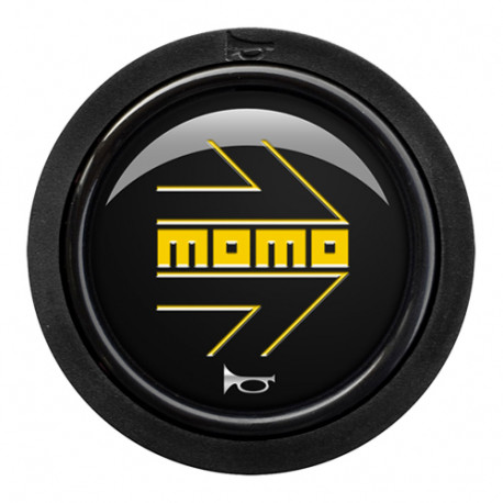 Universal quick release steering wheel hubs MOMO Horn Button - glossy black yellow heritage logo 2CCF - round liplip | races-shop.com