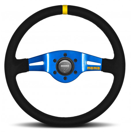 steering wheels 2 spoke steering wheel MOMO MOD.03, 350mm, suede, 70mm offset, black/blue/yellow | races-shop.com