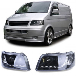 Headlights with LED daytime running light optics black for VW Transporter Bus T5 03-09